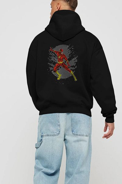Ankhises Hanorac negru oversize cu glugă cu imprimeu Flash Back Bărbați Femei
