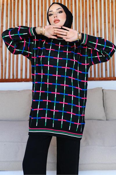 benguen 23002 Square Patterned Double Suit Black