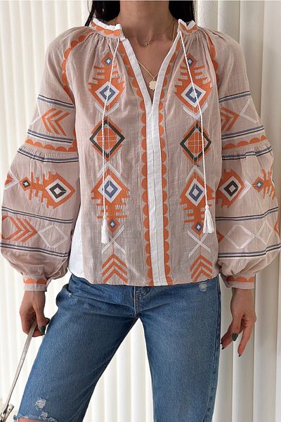 FEMELLE Women's Tasseled Embroidery Cotton Balloon Sleeve Blouse