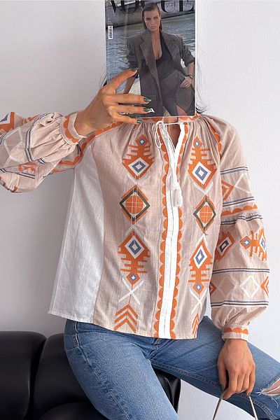 FEMELLE Women's Tasseled Embroidery Cotton Balloon Sleeve Blouse