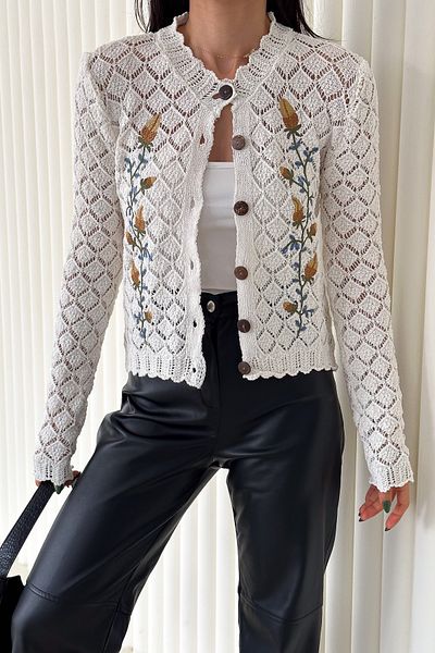 FEMELLE Cardigan de damă, cu broderie detaliată cu nasturi, mărime standard, ajurata
