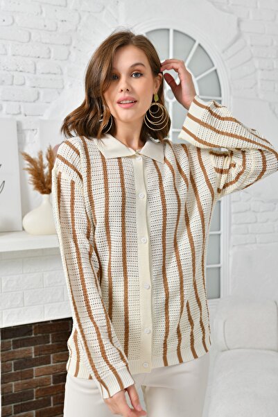 VOLT CLOTHİNG Kadın Gömlek Yaka Uzun Kollu Çizgili Hırka