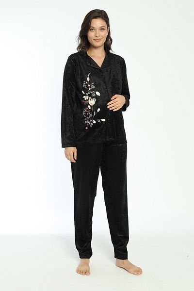 Miss Dünya Lissa Black Buttoned Front Velvet Maternity and Maternity Pajamas Set