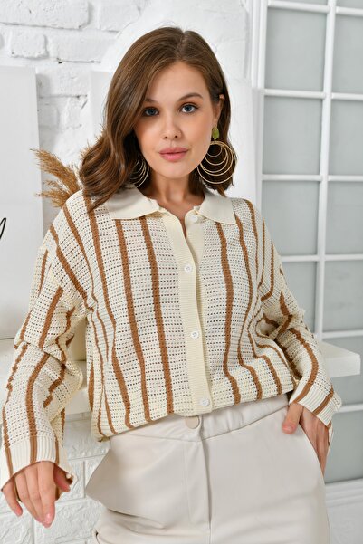 VOLT CLOTHİNG Kadın Gömlek Yaka Uzun Kollu Çizgili Hırka