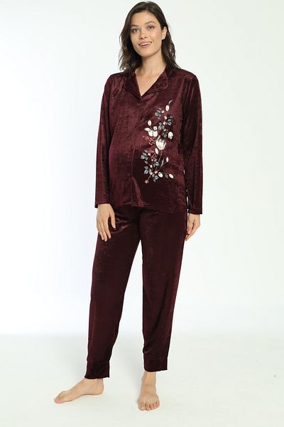 Miss Dünya Lissa Dark Burgundy Front Buttoned Velvet Maternity and Maternity Pajamas Set