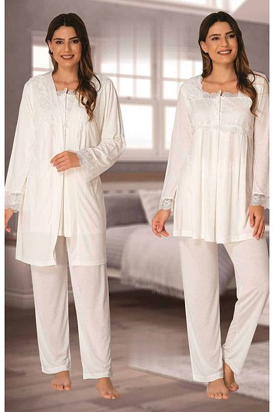 BLACKMORE Women's Ecru Ornate Lace Pregnant Maternity Dressing Gown 3-Piece Pajamas Set