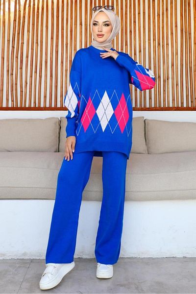 benguen 23000 Diamond Patterned Knitwear Set Saxe Blue
