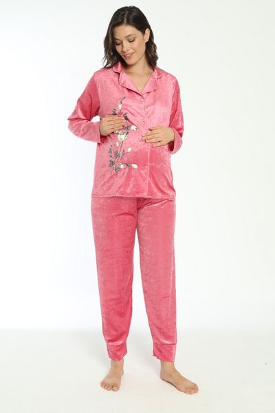 Miss Dünya Lissa Fuchsia Buttoned Front Velvet Maternity and Maternity Pajamas Set