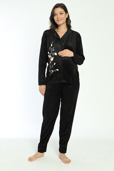 Miss Dünya Lissa Black Buttoned Front Velvet Maternity and Maternity Pajamas Set