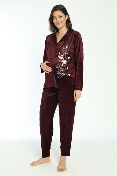 Miss Dünya Lissa Dark Burgundy Front Buttoned Velvet Maternity and Maternity Pajamas Set