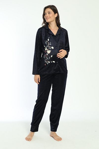 Miss Dünya Lissa Navy Blue Buttoned Front Velvet Maternity and Maternity Pajamas Set