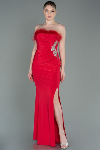 Abiyefon Red Openwork Strapless Slit Long Fishnet Evening Dress ABU3049