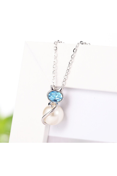 Monemel Kedi Mavi . Taşlı Incili Kedi Kolye