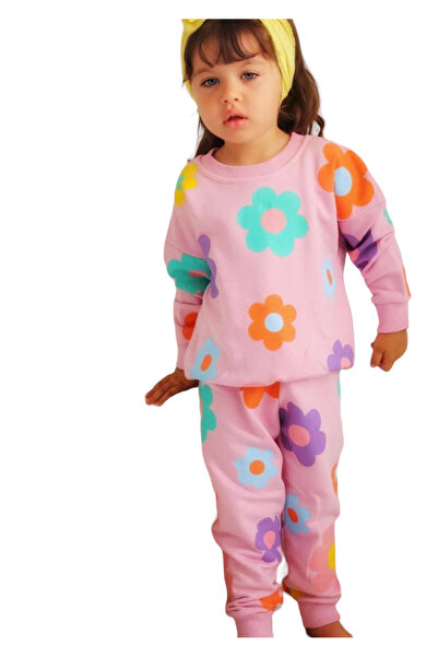 Lolliboomkids Girl's Floral Print Patterned Children's Bottom Top Tracksuit Set Pink Color