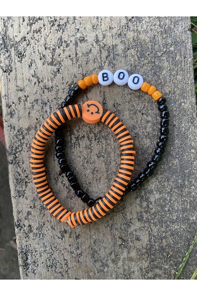 Stoneday Orange Black Smiley Face Figured Emoji Halloween Halloween Set of 2 Bracelets