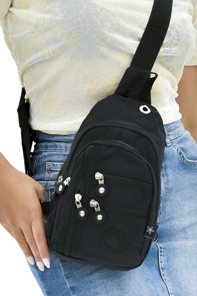 tuldar Women's Black Crinkle Fabric Cross Chest and Shoulder Bag with Headphone Outlet