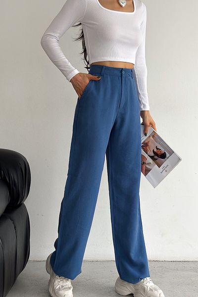 FEMELLE Pantaloni largi cu talie înaltă din țesătură modal, albastru, sezon nou