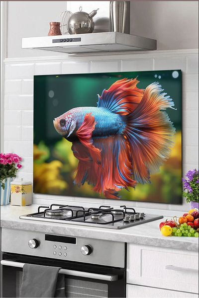 Olinpa 60X52 cm Ornate Fish Patterned Glass Stove Countertop Back Protector