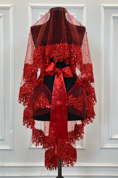 ZEYMERADE Kırmızı Vip Gelin Duvak Seti, Papatya Güpürlü Taşlı Pullu Incili Kına Duvağı Seti 6 Parça