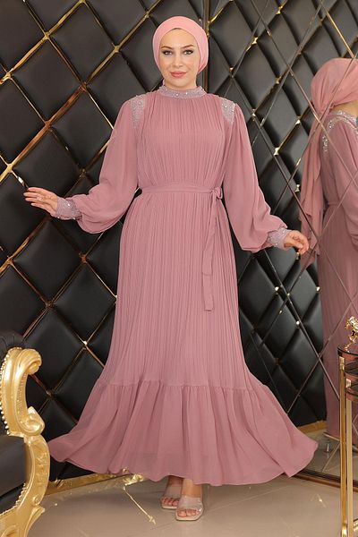 Modamihram Pleated Stoned Chiffon Evening Dress Dusty Rose 19154