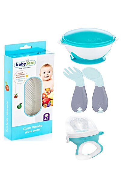 Babyjem طبق طعام مفرغ من الهواء باللون الأزرق + شوكة ملعقة بزاوية + لهاية فوا...