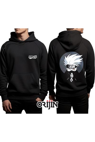 Orijin Tekstil Naruto Kakashi Hatake Front Back Printed Black Hooded Sweatshirt