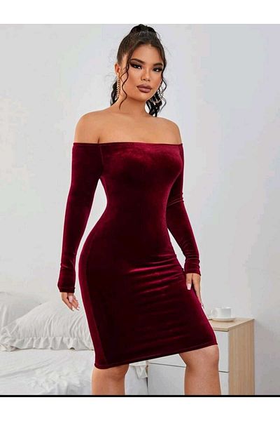 charango rochie creion de seară de catifea cu mânecă lungă, decolteu madonna