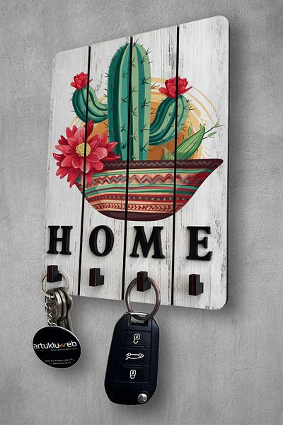 beedene White Decorative Wood with Key Hanger and Cactus Painting Key Holder