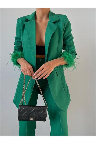 sassysmode Set sacou și pantaloni de damă din pene verzi