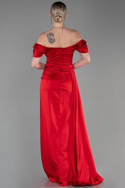Abiyefon Red Leg Low-cut Boat Neck Long Satin Evening Dress Abu1606