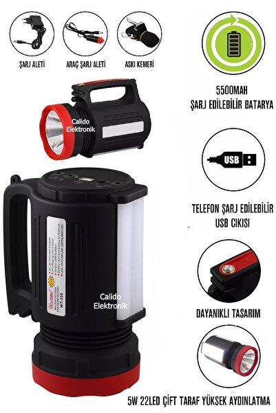 Calido Elektronik Projektör Şarjlı Telefon Şarj Eden El Feneri Işıldak Feneri...