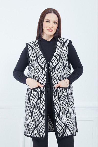 Fresh&Moda سترة نسائية شتوية طويلة منقوشة باللون الكريمي مع جيوب