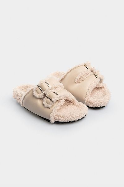 NİŞANTAŞI SHOES Fallon bézs matt duplacsatos részlet lapos talpú női papucs