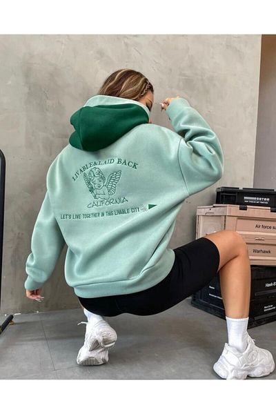 MOONBULL Unisex Oversize Mint Green Livable California Back Printed Green Hooded Sweatshirt