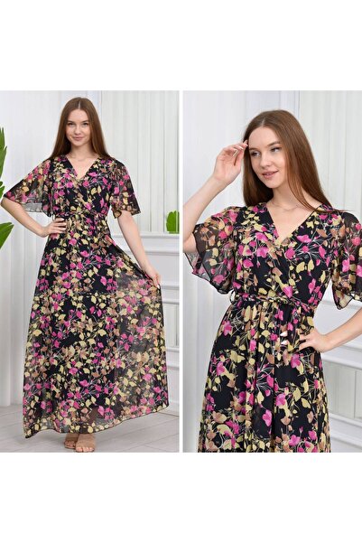 CİXAPLE V Yaka Kısa Kol Büyük Beden Elbise Şifon