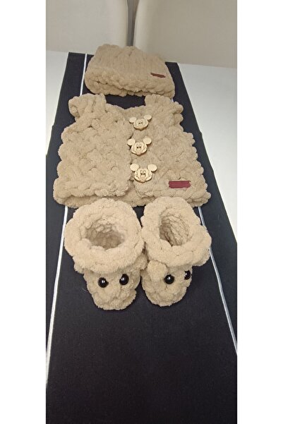 Moda Biçer Soft Hand Knitted 100% Organic Antiallergenic Baby Booties&Vest&Beanie Set