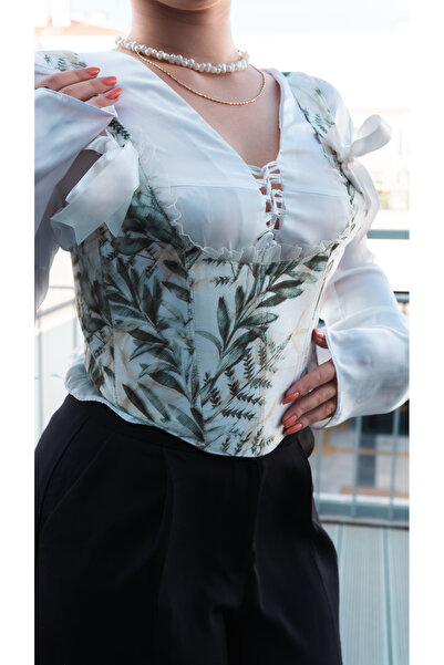 KSDESIGN Green leaf balenli kadın korse büstiyer