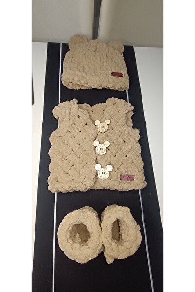 Moda Biçer Soft Hand Knitted 100% Organic Antiallergenic Baby Booties&Vest&Beanie Set