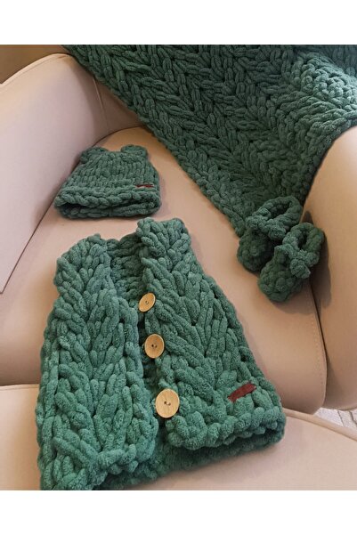 Moda Biçer Soft Hand Knitted 100% Organic Antiallergenic Baby Booties & Vest & Beanie Set