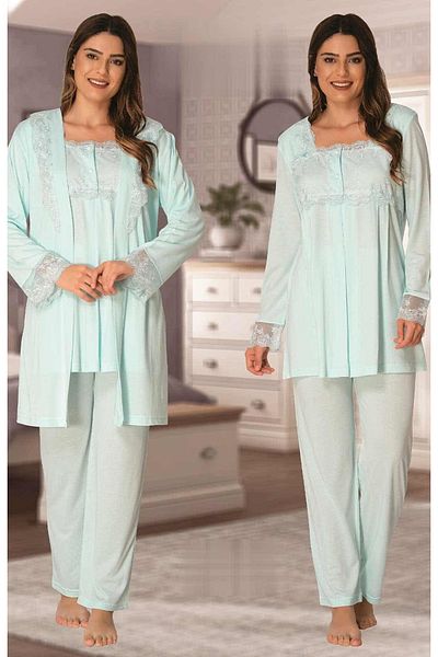 BLACKMORE Women's Turquoise Lace Long Sleeve Pregnant Maternity Dressing Gown Pajama Set and Nightgown Set of 4