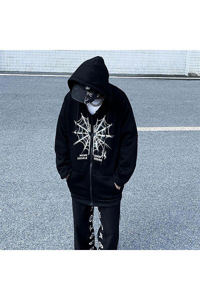 DEEFWEAR Heart Spider Web Printed Oversize Μαύρη ζακέτα με κουκούλα με φερμουάρ -mingalondon
