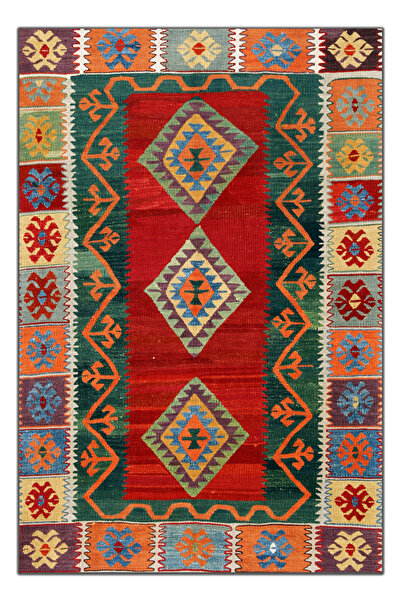 Rugs Modern Halı Etnik Kırmızı Yeşil Çok Renkli Kilim Desen Dekoratif Halı 1701