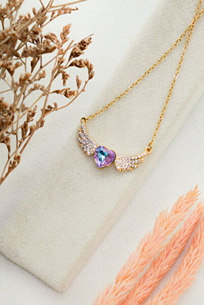 Exsell Mark Kadın Zirkon Taşlı Altın Zincirli Kanatlı Kalp Kararmaz Çelik Kol...