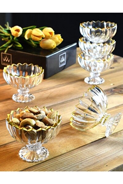 Wow Home Art - 6 Pieces Glass Footed Bowl with Gold Detail - Snack Bowl - Jam Bowl - Turkish Delight Bowl - Presentation Bowl