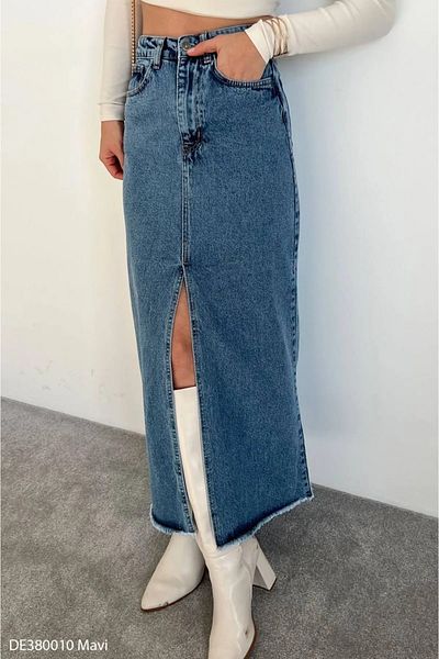 LİMABEL Blue Front Slit Long Denim Skirt Snow Wash Lycra Flexible Denim Skirt