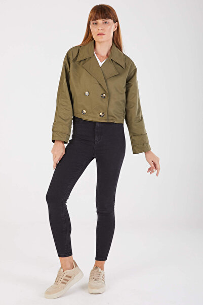 STİLPİX Kadın Haki Kruvaze Yaka Yarım Trençkot | Women's Khaki Double Breasted Collar Half Trench Coat