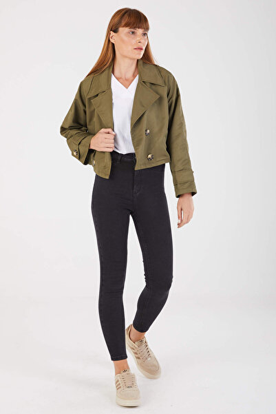 STİLPİX Kadın Haki Kruvaze Yaka Yarım Trençkot | Women's Khaki Double Breasted Collar Half Trench Coat