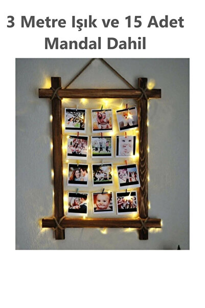 Elfora Mandallı Işıklı Ahşap Resim Çerçevesi Işık Mandal Dahil Fotoğraf Askıs...
