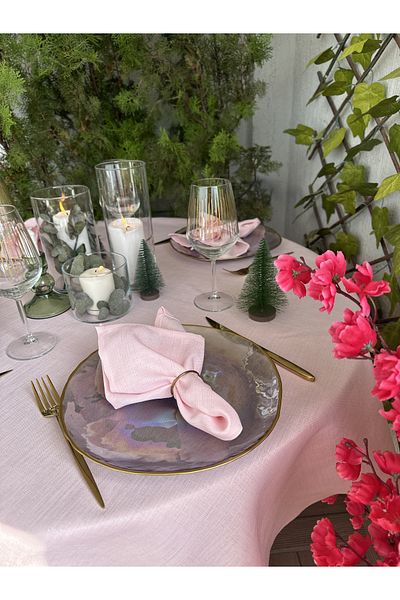 Decamor home Τραπεζομάντηλο με λινό ανάγλυφο ροζ στρογγυλό