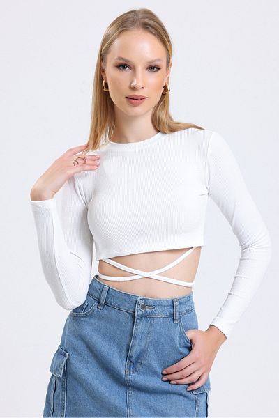 MD trend Women's Ecru Cross-Tied Crew Neck Long Sleeve Ribbed Crop Blouse